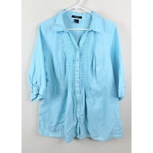 Autograph Woman 100% Linen Blouse 1X Blue Button Up Pintuck 3/4 Sleeve Coastal